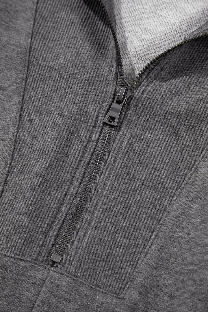 Zip up Collared Ribbed Patchwork Sweatshirt Dress with Pockets