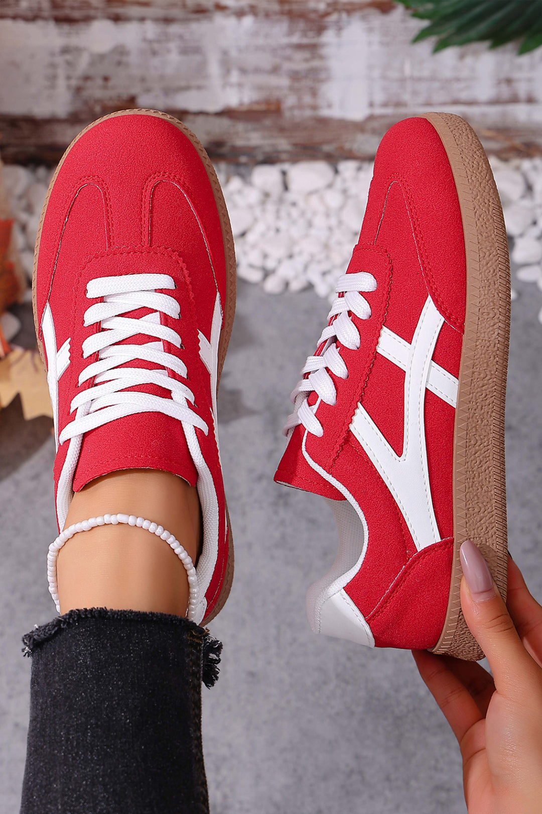 Faux Suede Contrast Patchwork Detail Lace Up Flat Sneakers