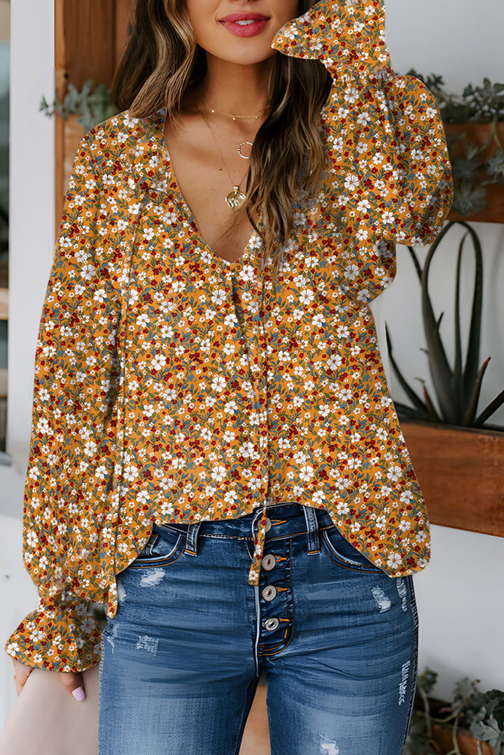 Boho Floral Ruffled Bubble Sleeve V Neck Fall Blouse
