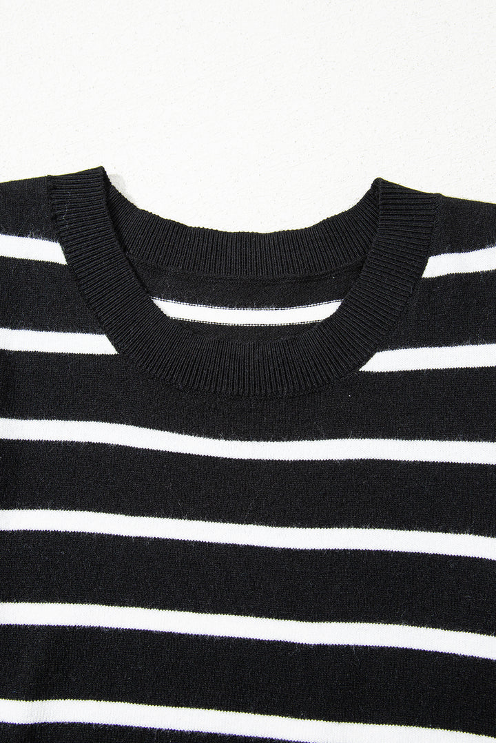 Ribbed Trim Round Neck Bubble Sleeve Knitted Top