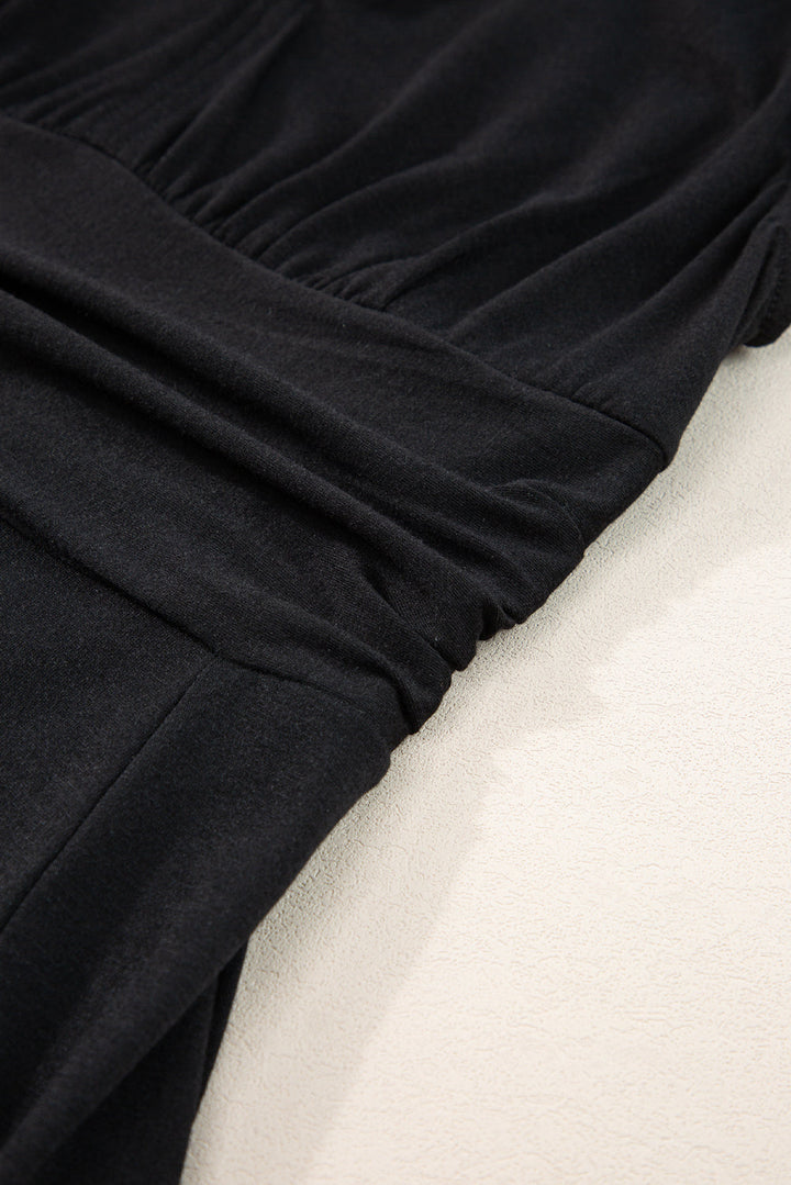 Short Sleeve Shirred High Waist V Neck Maxi Dress