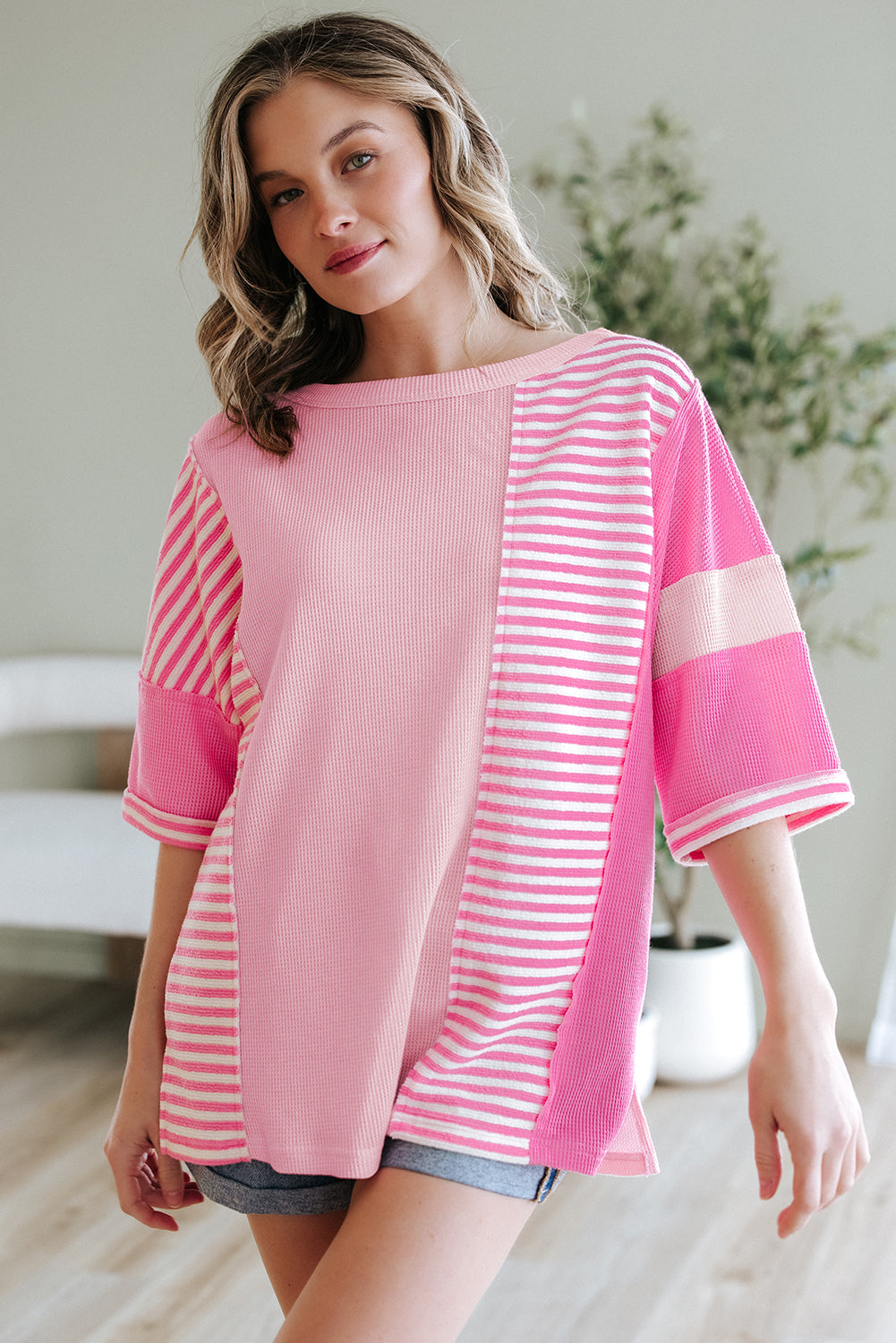 Color Block Patchwork Loose Half Sleeve T Shirt