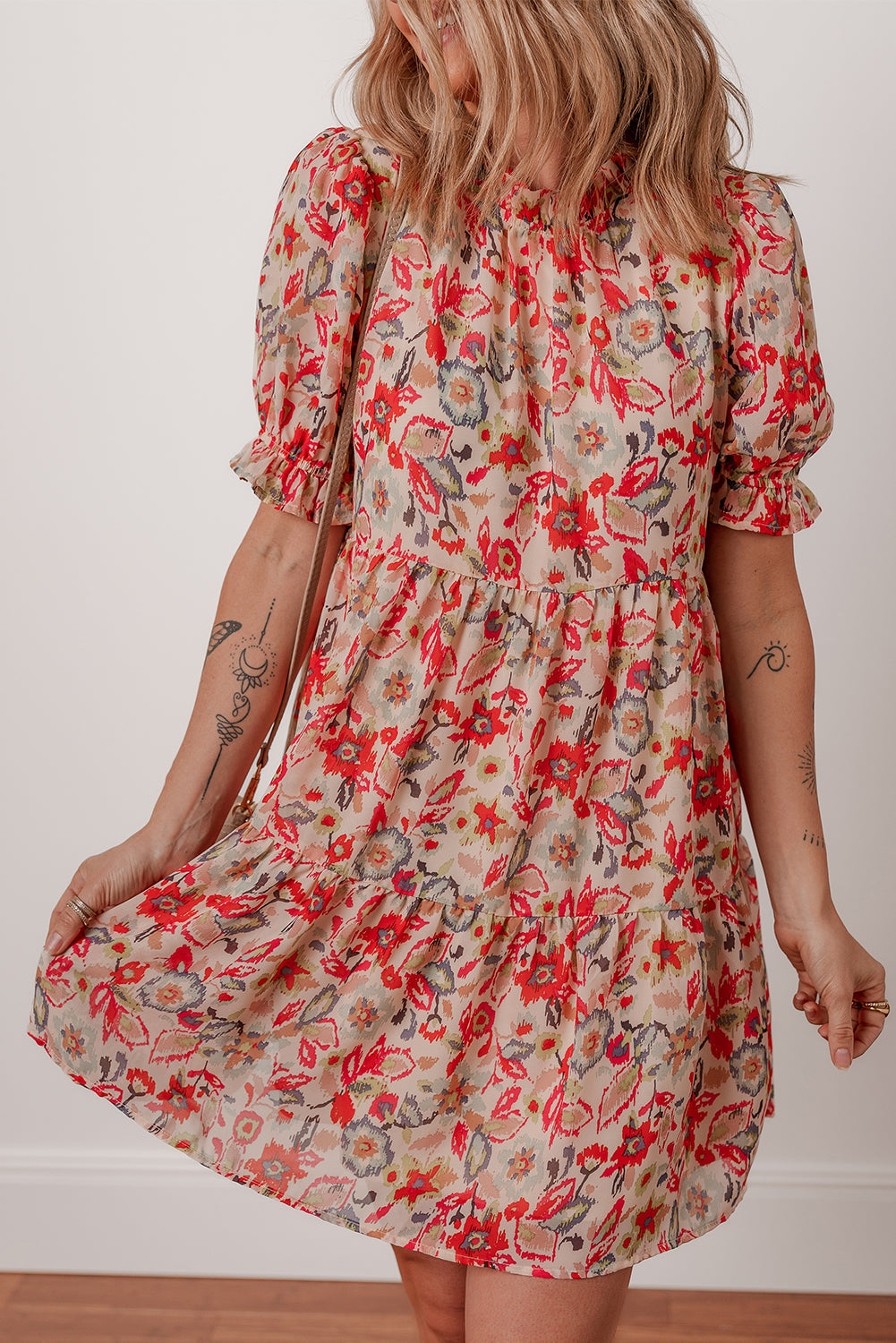 floral print frilled neck puff sleeve high waist dress