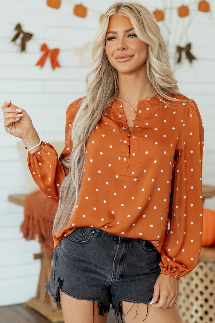 Brown Polka Dot V Neck Long Sleeve Blouse