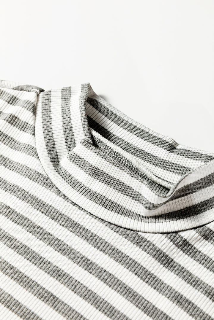 Gray Stripe Ribbed High Neck Slim Fit Long Sleeve Top