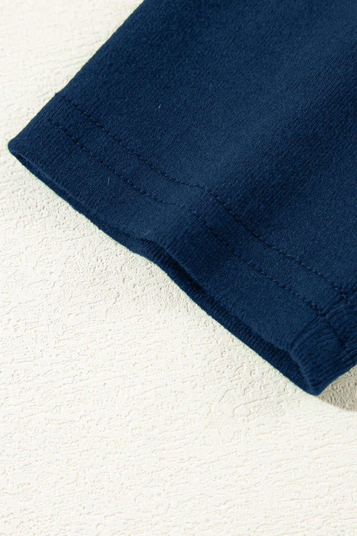 Navy Blue Solid Exposed Seam Crew Neck Long Sleeve Top