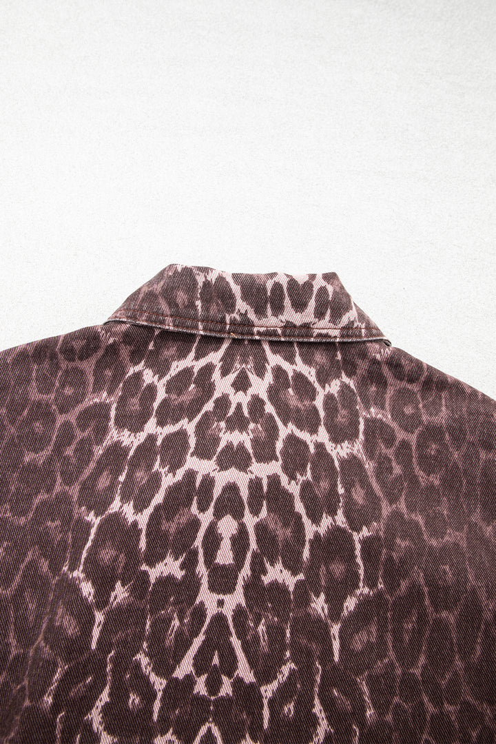 Khaki Oversized Leopard Print Long Sleeve Patch Pocket Denim Jacket