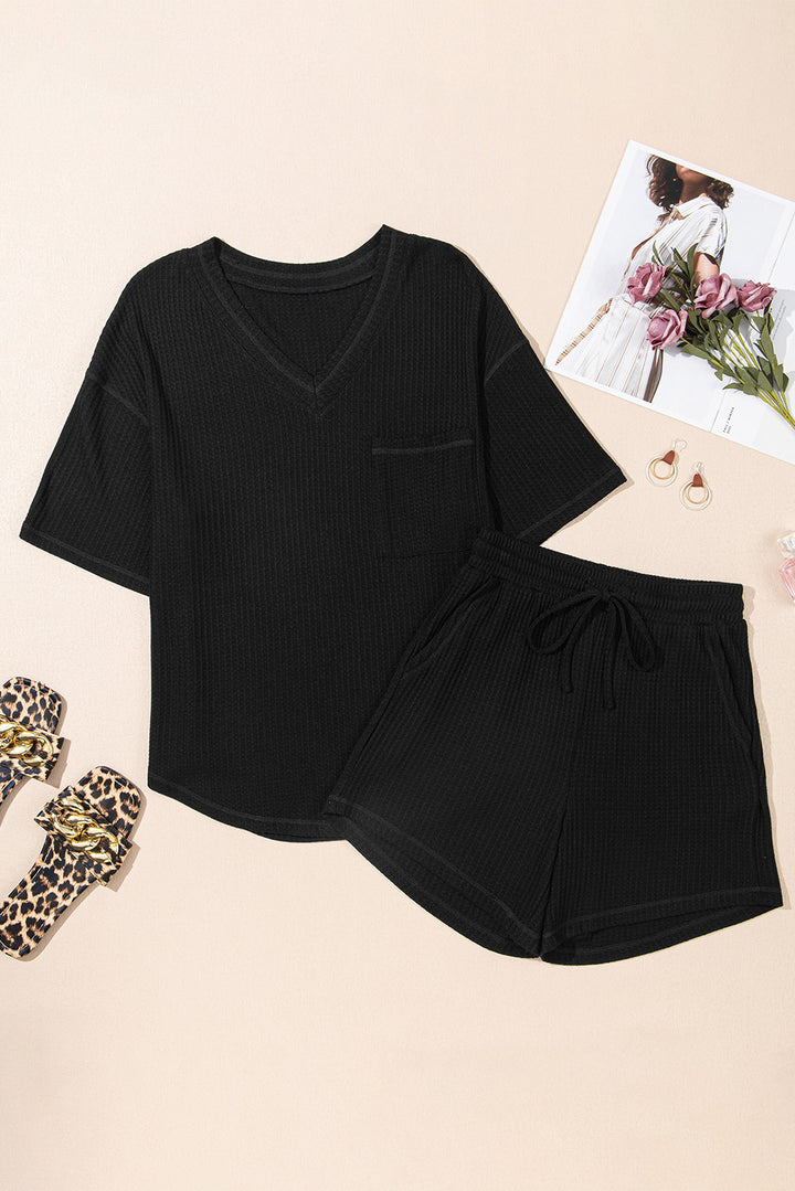Black Solid Color Waffled V Neck Loose Tee Drawstring Shorts Set