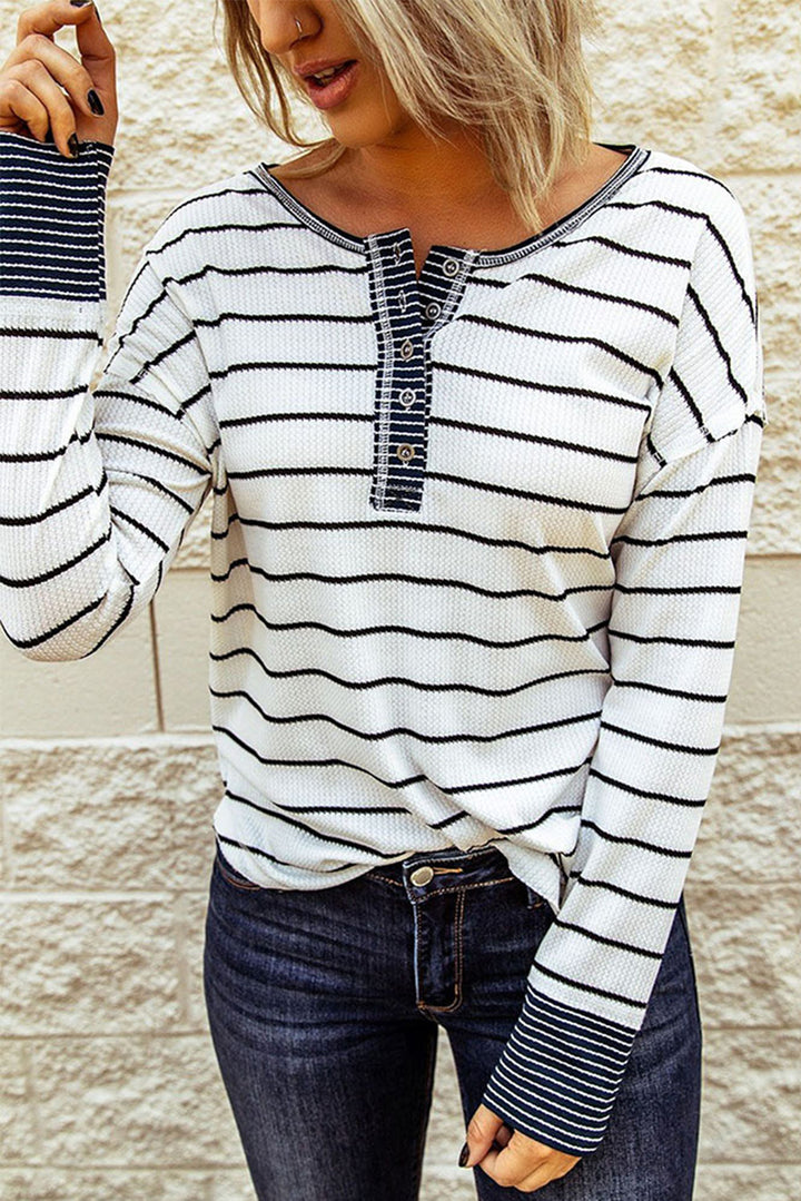 Striped Buttoned Henley Waffle Knit Top