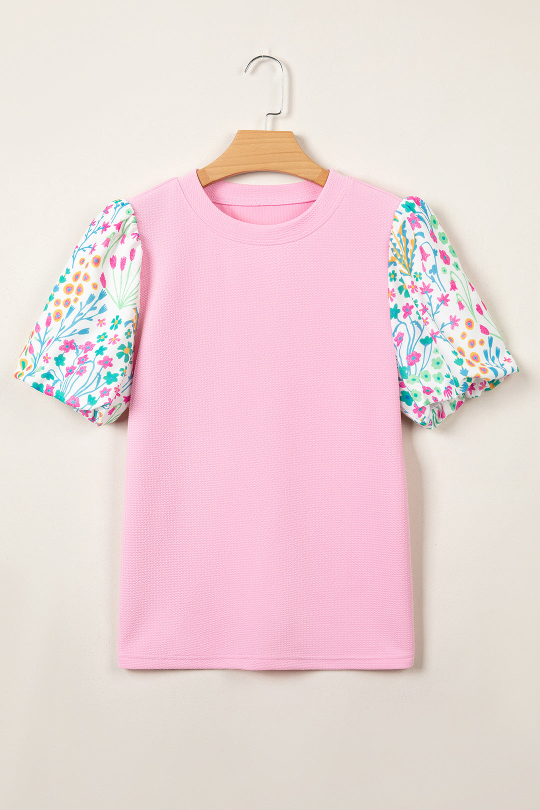 Pink Round Neck Textured Contrast Floral Bubble Sleeve Blouse