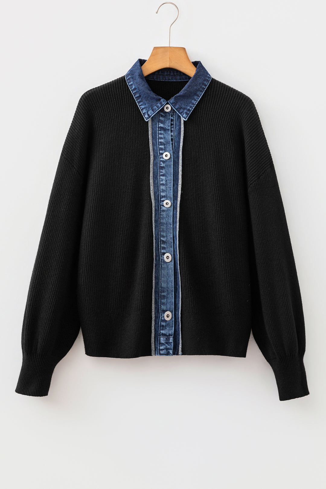 Color black Placket Paneling Shirt Collar Long Sleeve Cardigan