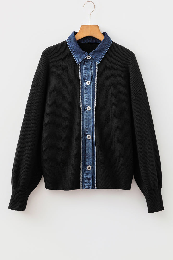Color black Placket Paneling Shirt Collar Long Sleeve Cardigan