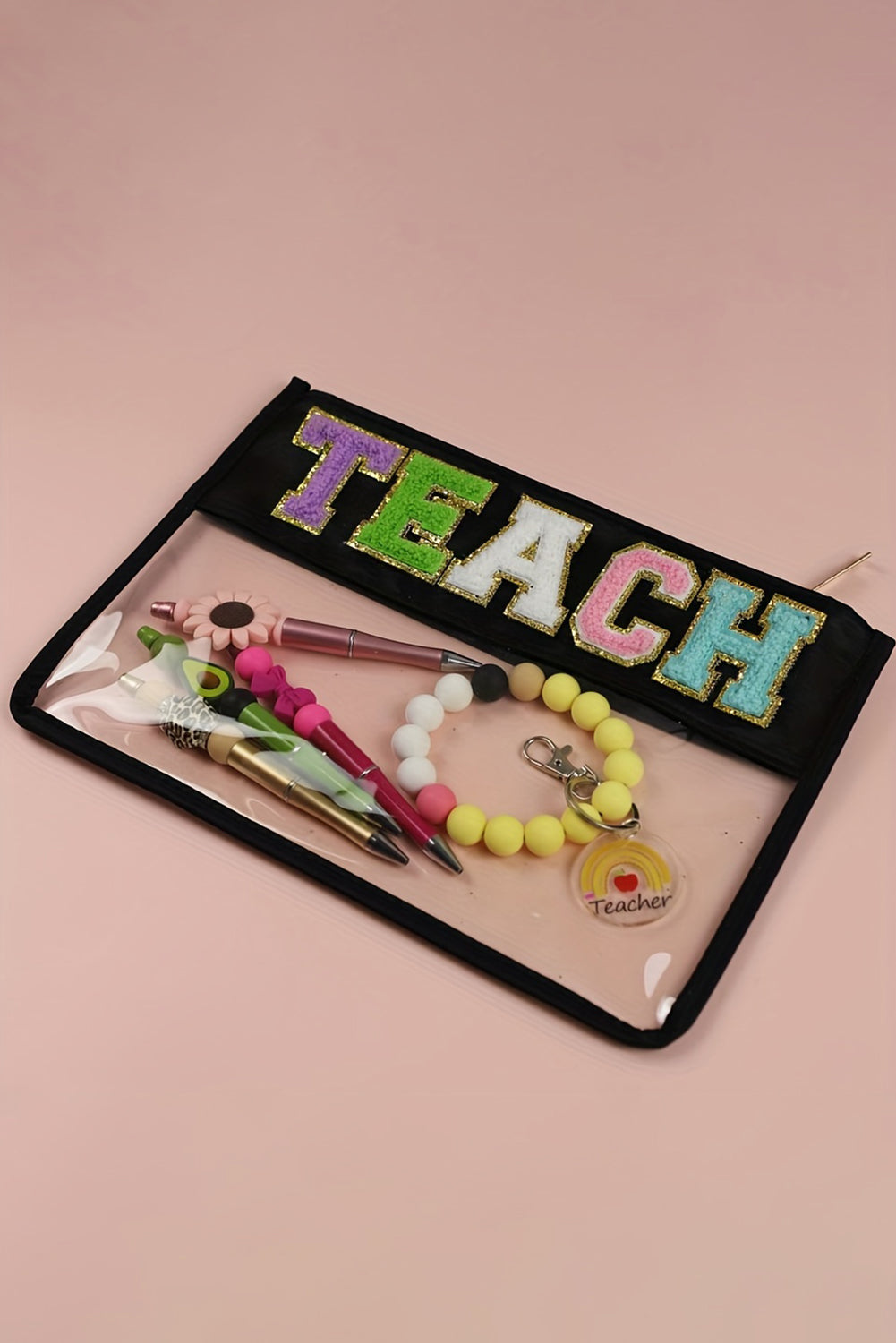 TEACH Glitter Chenille Clear PVC Makeup Bag