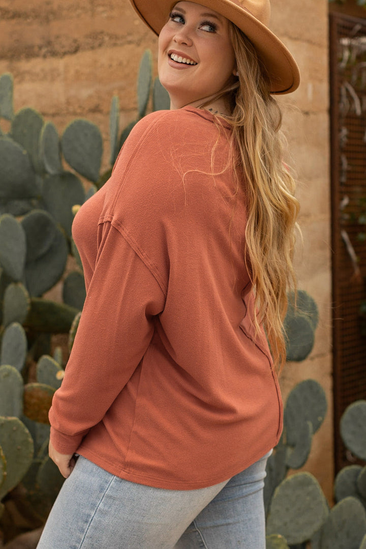 Plus Size Exposed Seam V Neck Long Sleeve Top