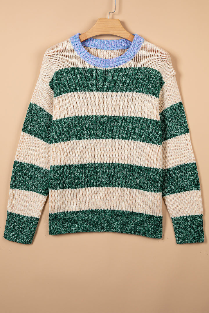 Green Stripe Colorblock Drop Shoulder Pullover Sweater