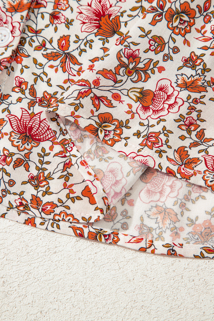 Floral Print Pleated Detail Notched Neck Puff Sleeve Blouse