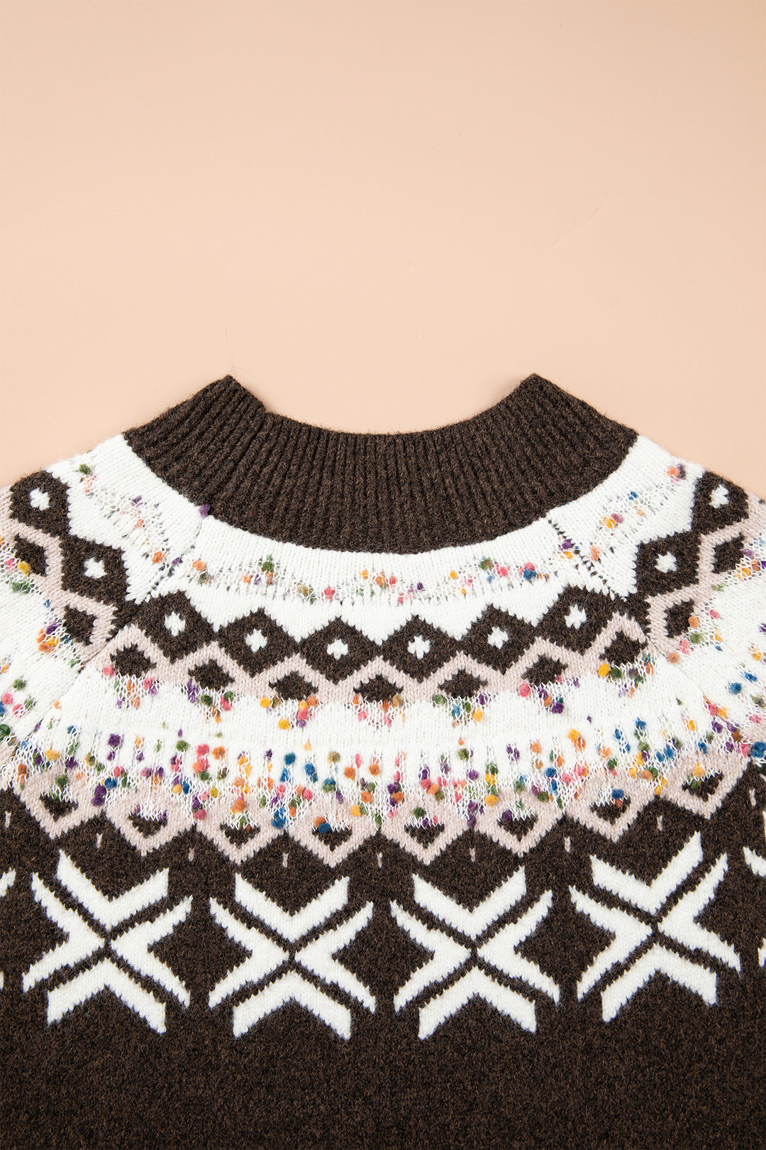 Chicory Coffee Christmas Theme Geometric Pattern Knit Round Neck Shift Sweater