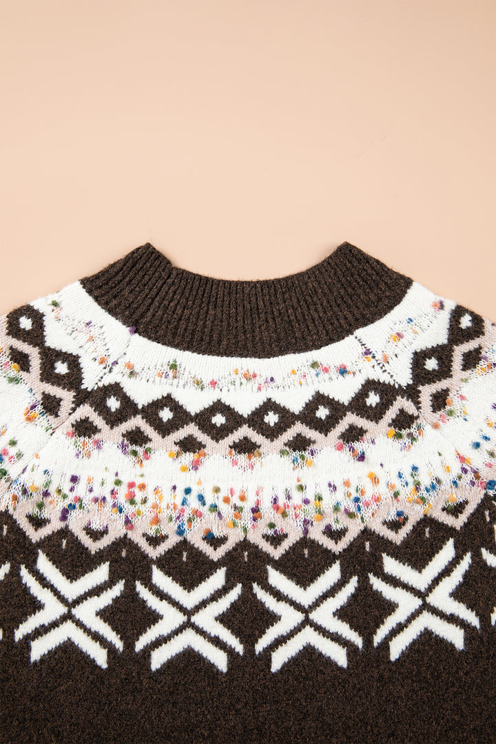 Chicory Coffee Christmas Theme Geometric Pattern Knit Round Neck Shift Sweater