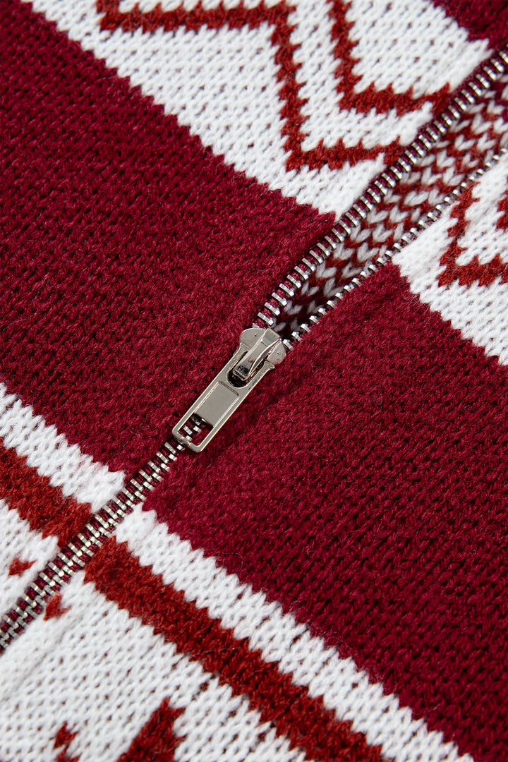 Red Geometric Pattern Zip-Up Knit Regular Fit Cardigan