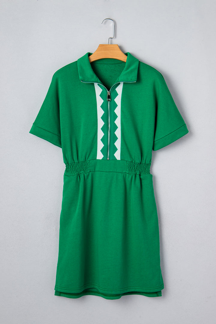 Contrast Patchwork Half Zip Elastic Waist Short Sleeve Mini Dress