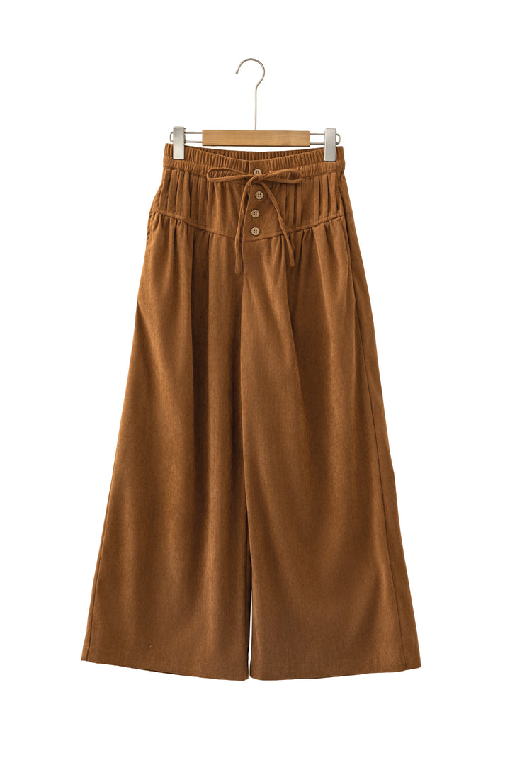 Thai Curry Elastic Waist Wooden Button Placket Ankle Length Wide Leg Pants