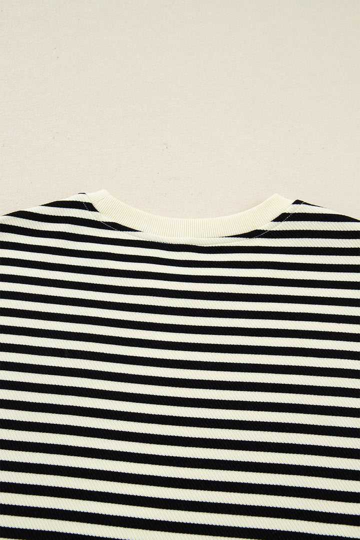 Black Stripe Textured Pullover Top Drawstring Mini Skort Two Piece Dress Set