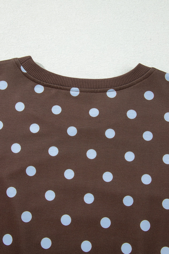 Brown Polka Dot Pullover Embroidered Bow Detail 2pcs Skort Set