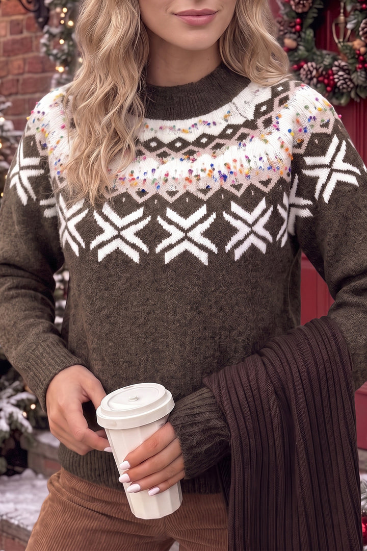Chicory Coffee Christmas Theme Geometric Pattern Knit Round Neck Shift Sweater