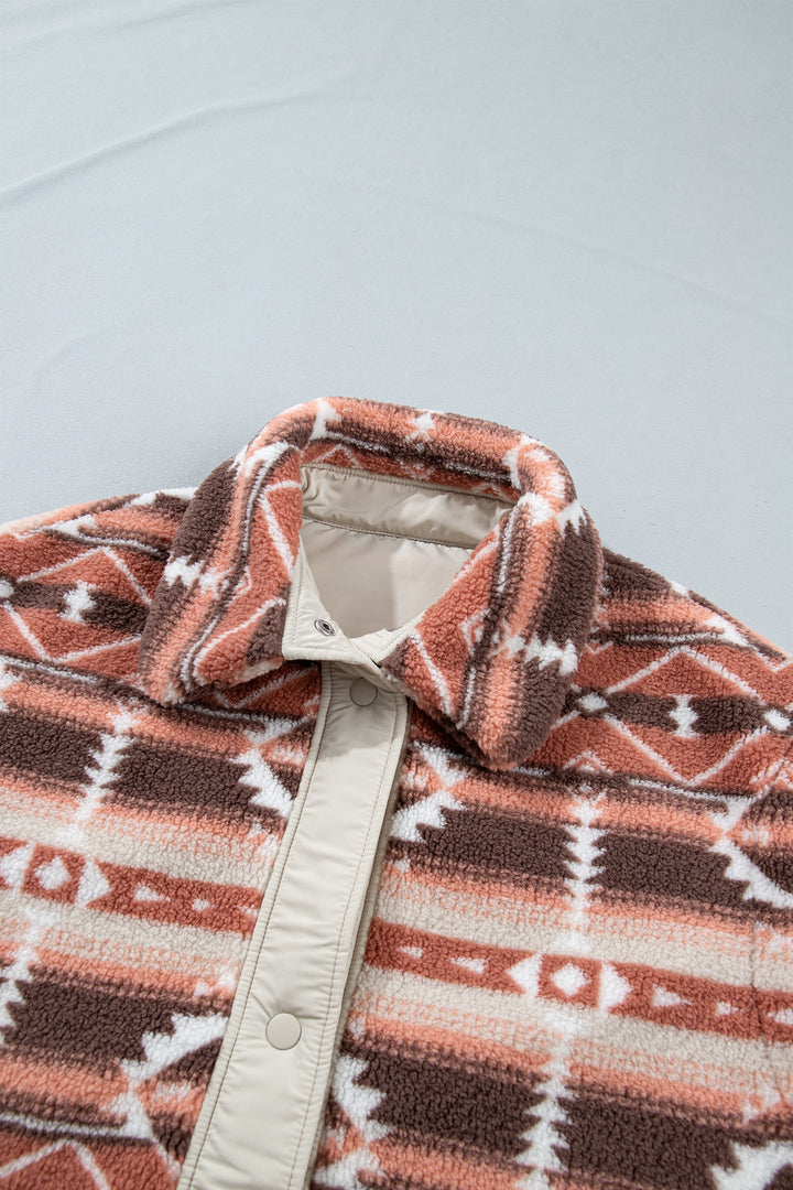 Multicolour Geometric Print Fleece Metal Button Placket Shift Silhouette Vest