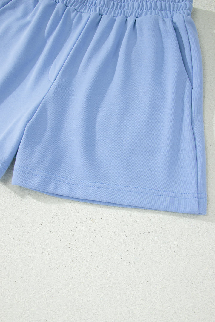 Sky Blue Half Zipped Ruffled Short Set