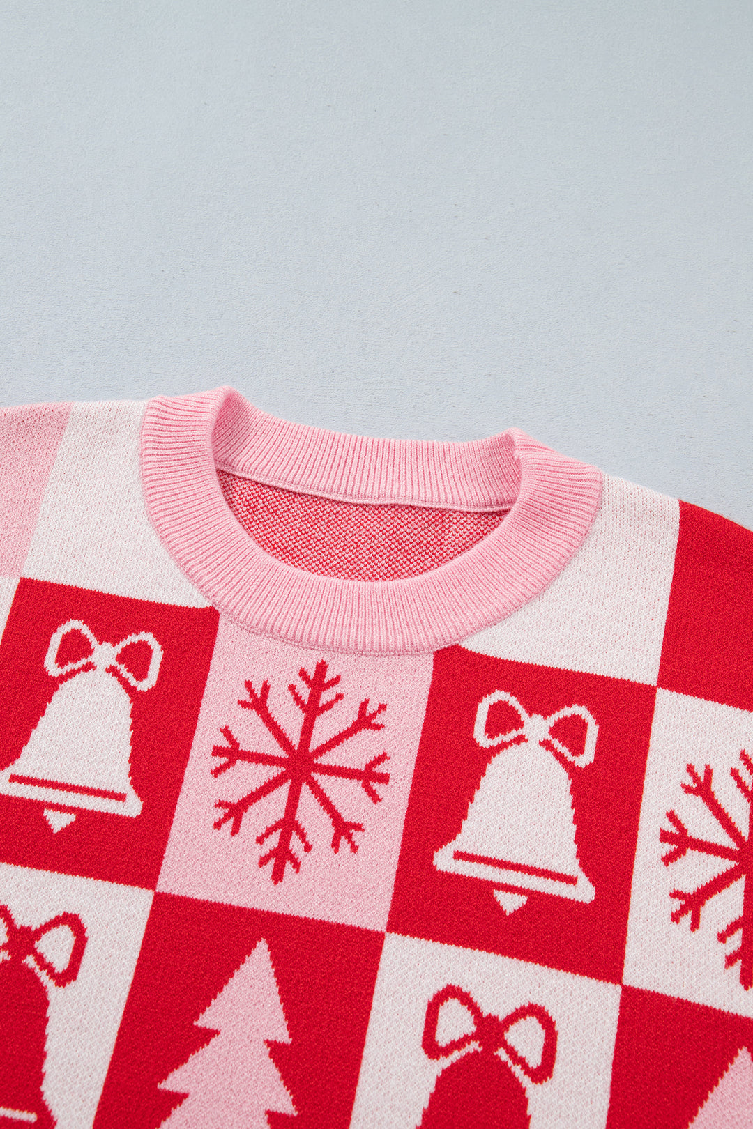 Pink Christmas Plaid Pullover Round Neck Long Sleeve Casual Fit Tunic Knitwear Sweater