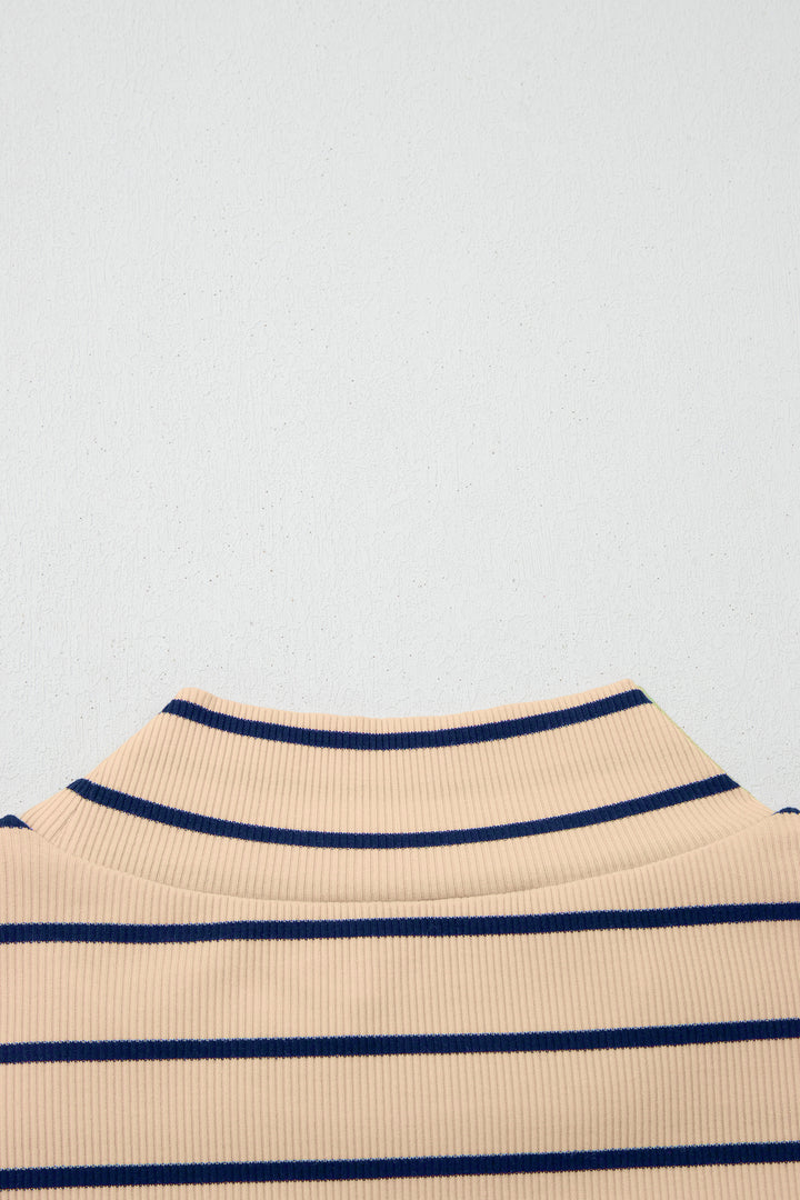 Khaki Stripe Mock Neck Short Sleeve Loose Top