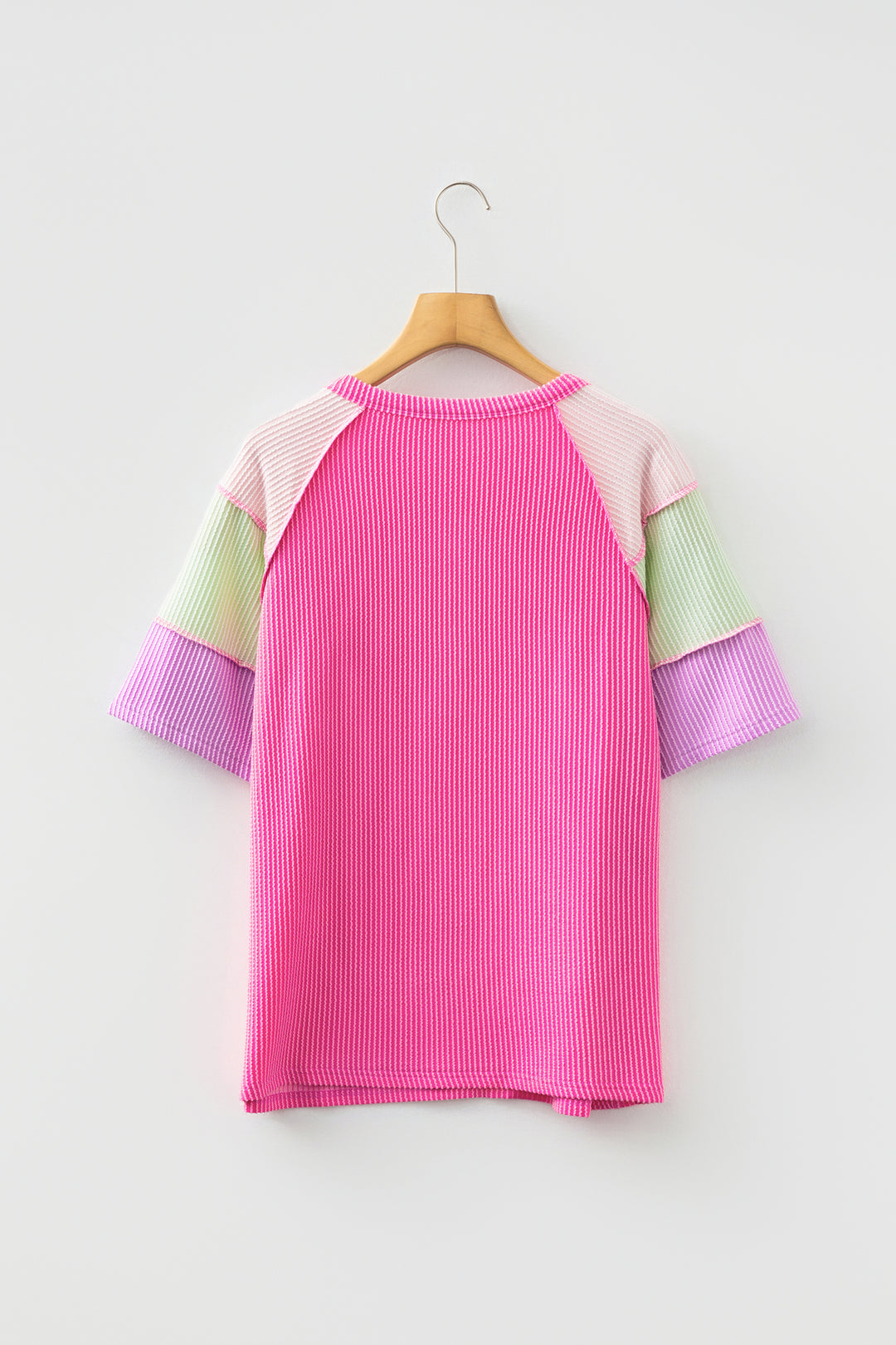 Twisted Ribbed Color Block Patchwork Henley Short Sleeve T Shirt