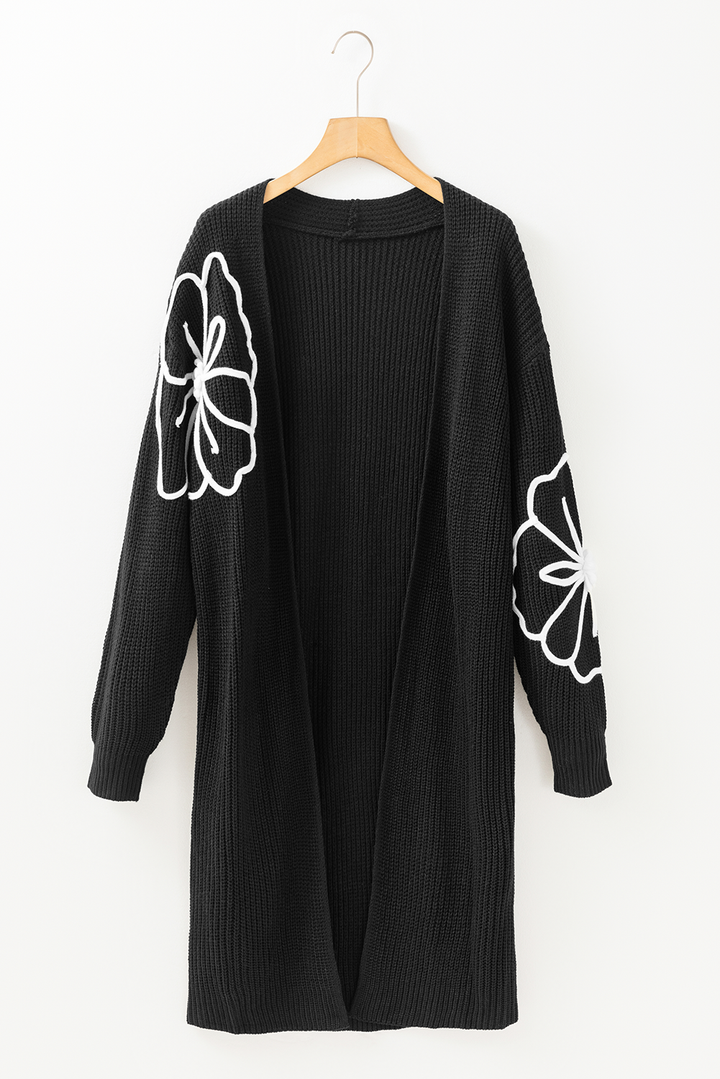 Black Flower Embroidered Open Front Duster Cardigan