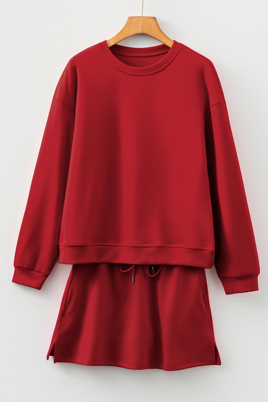 Racing Red Solid Color Drop Shoulder Pullover Mini Skirt 2pcs Outfit