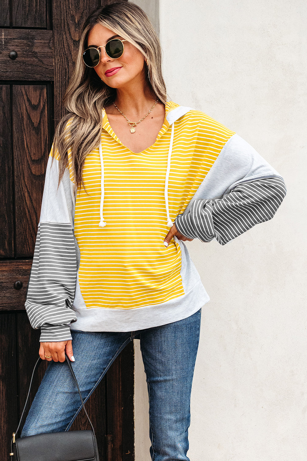 Color Block Drawstring V Neck Loose Fit Hooded Top