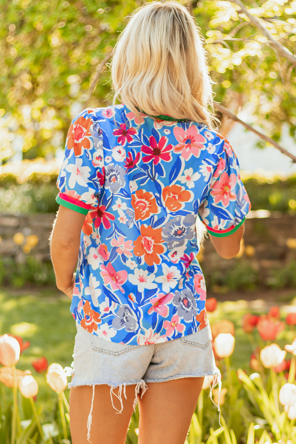 floral colorblock edge puff sleeve split neck blouse