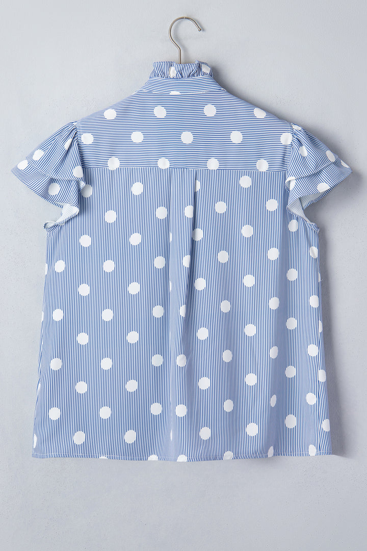 Sky Blue Stripe Contrast Polka Dot Print Pleated Ruffle Sleeve Shirt
