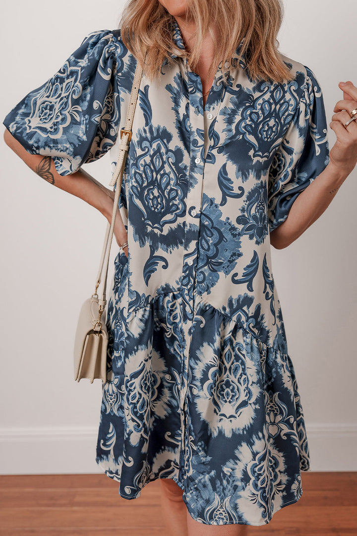 boho floral print buttoned collared loose fit mini dress