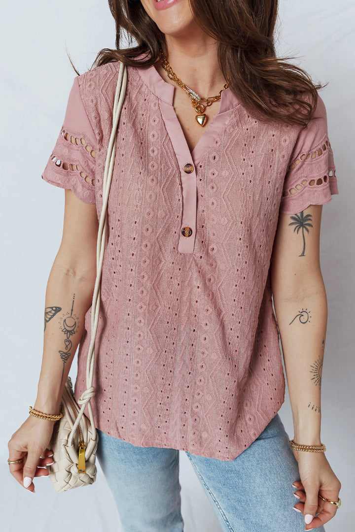 Textured Embroidered Half Buttons Short Sleeve Blouse