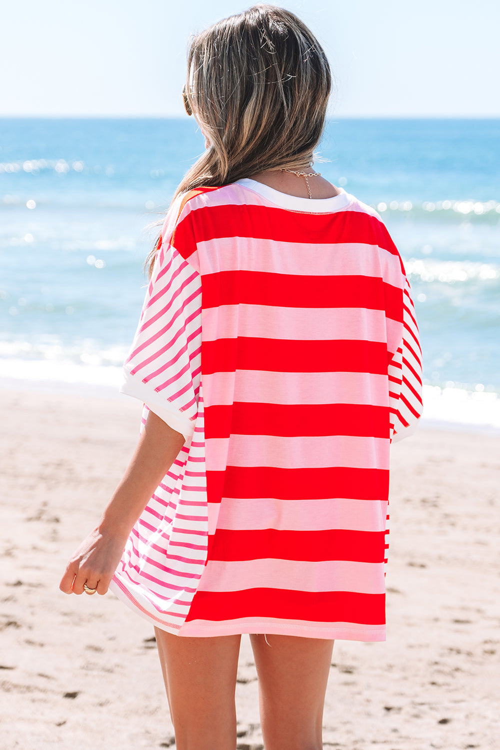 Patchwork Round Neck Side Split Loose T Shirt