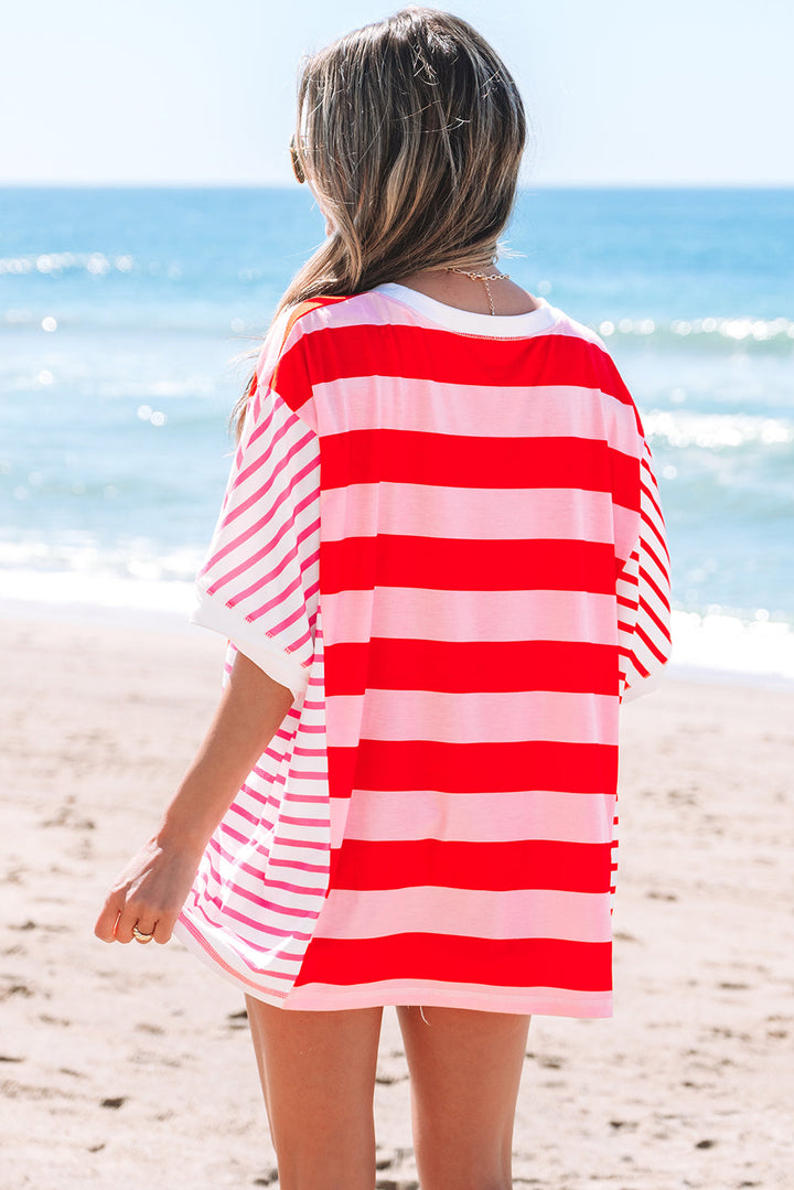 Patchwork Round Neck Side Split Loose T Shirt