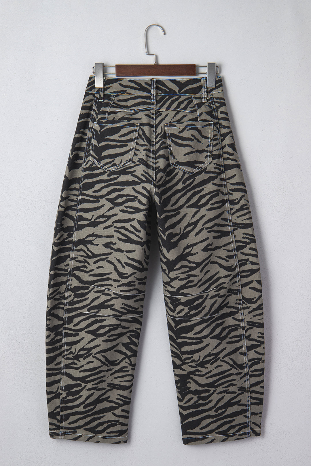 Gray Zebra Stripe Printed Wide Leg Barrel Jeans