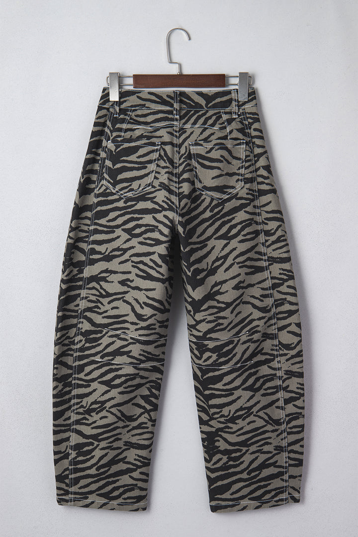 Gray Zebra Stripe Printed Wide Leg Barrel Jeans