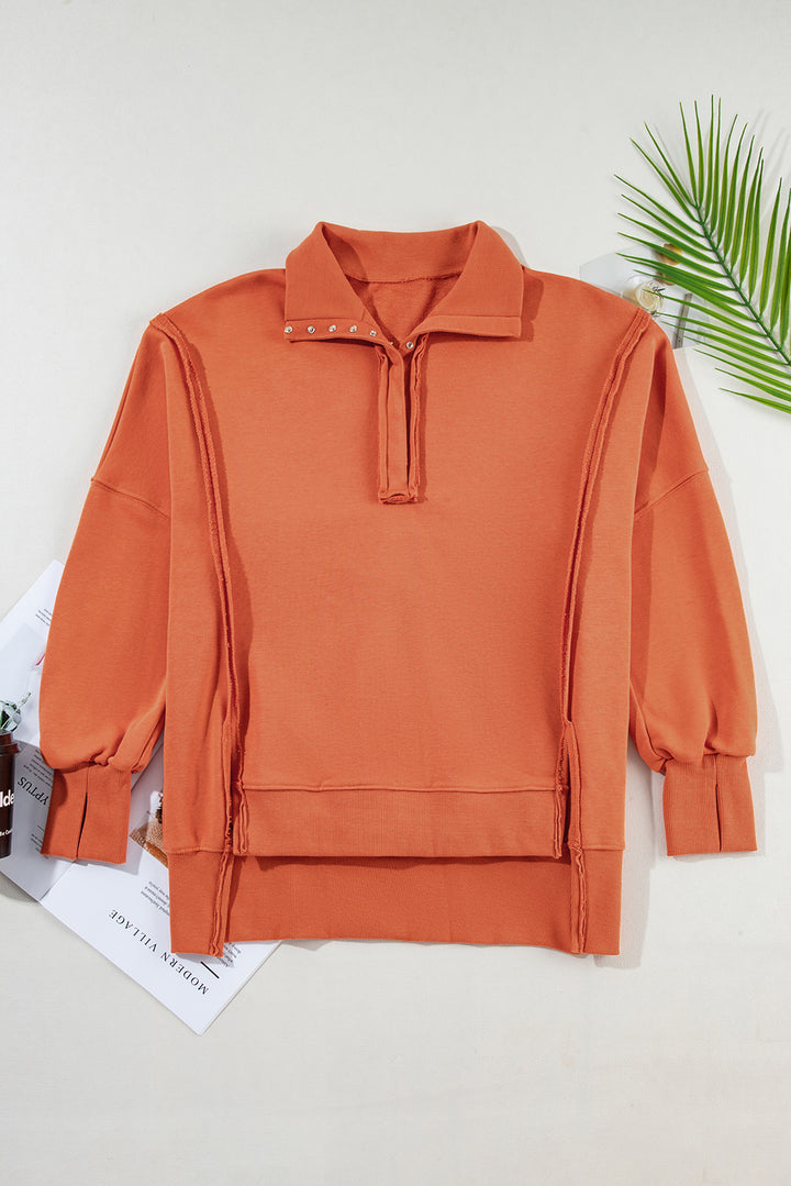 Buttoned Collared Raw Detail High Low Baggy Sweatshirt with Slits