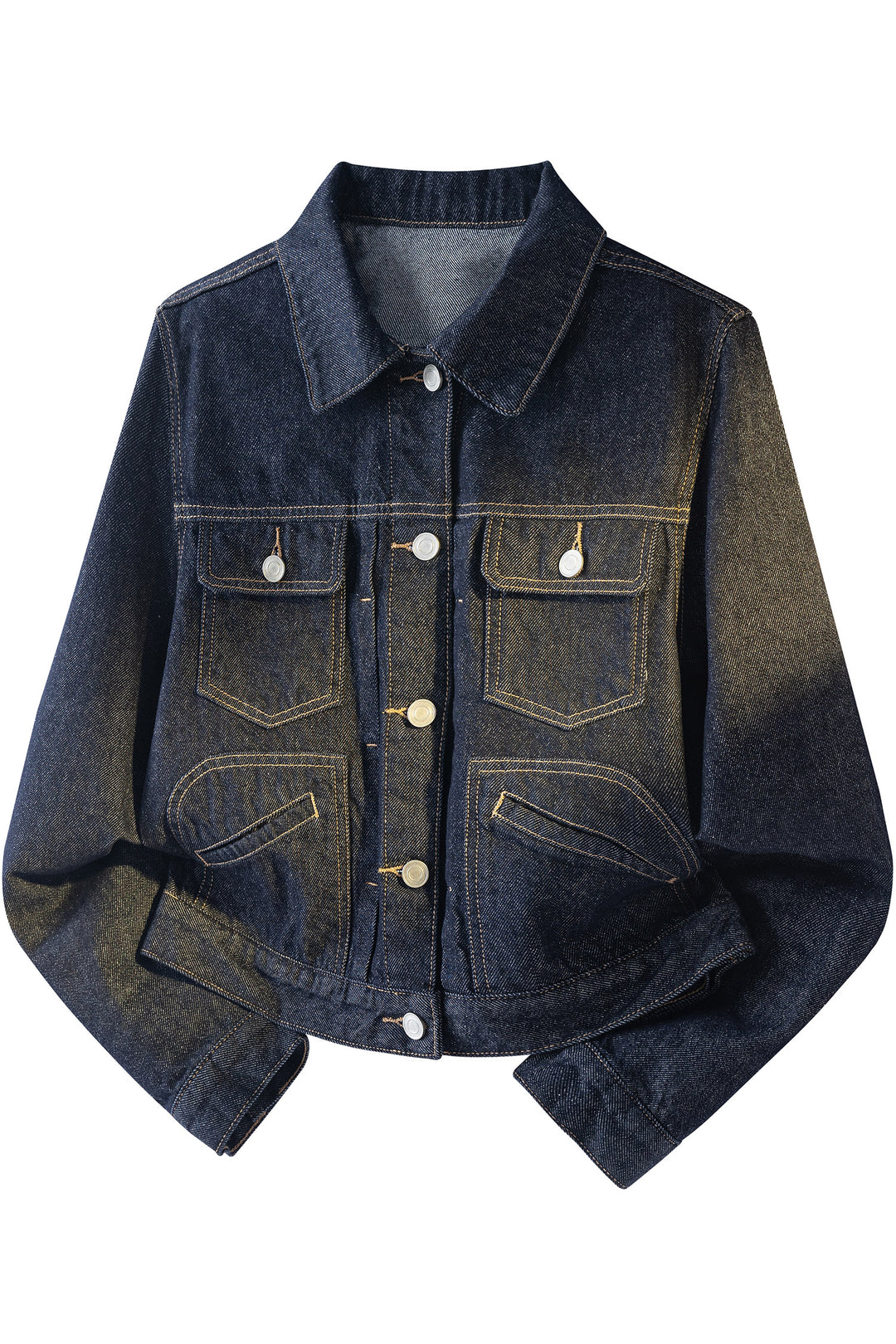 Navy Blue Contrast Stitched Detail Pocketed Vintage Denim Jacket