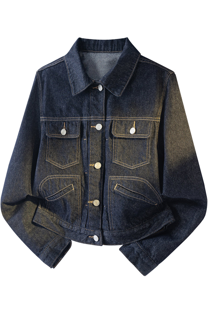 Navy Blue Contrast Stitched Detail Pocketed Vintage Denim Jacket