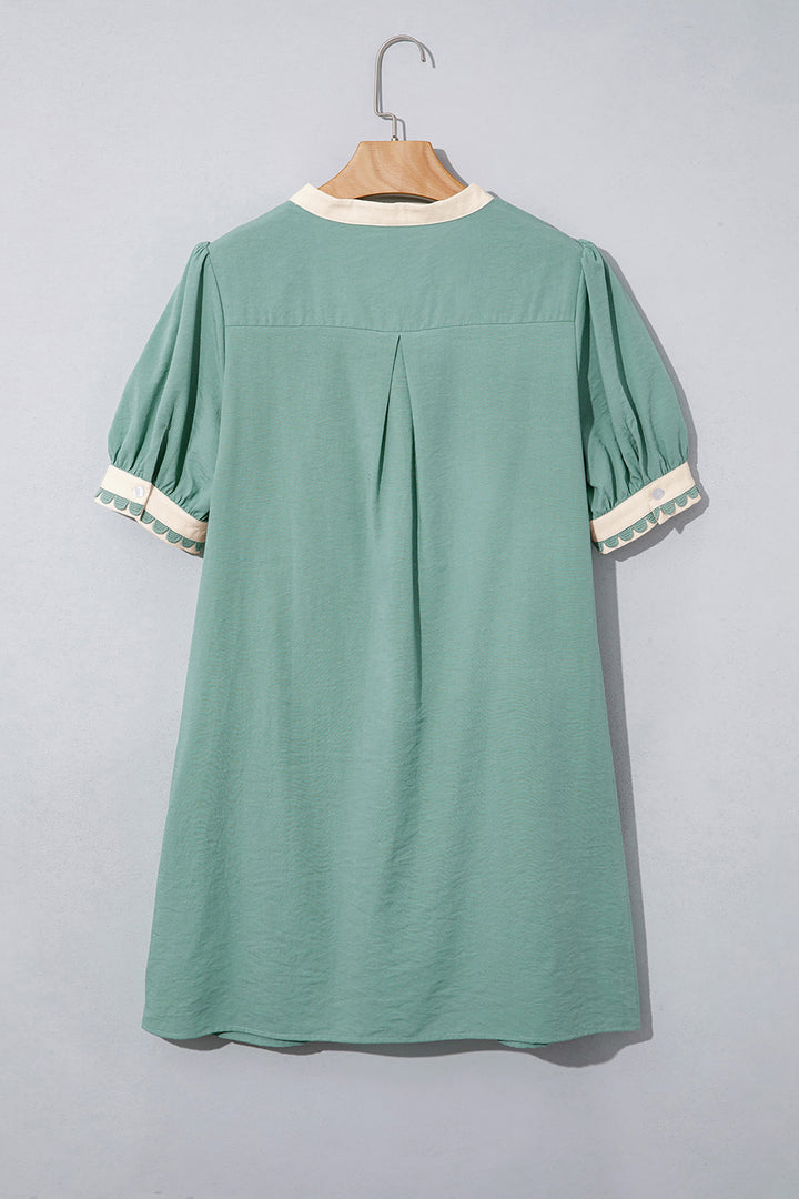 Canton Scallop Color Block Trim Puff Sleeve Mini Dress