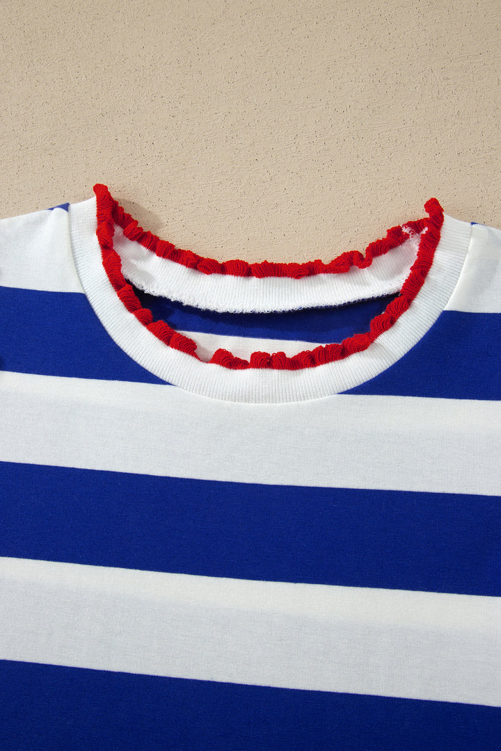 Blue Stripe Contrast Trim Short Puff Sleeve Shift Mini Dress