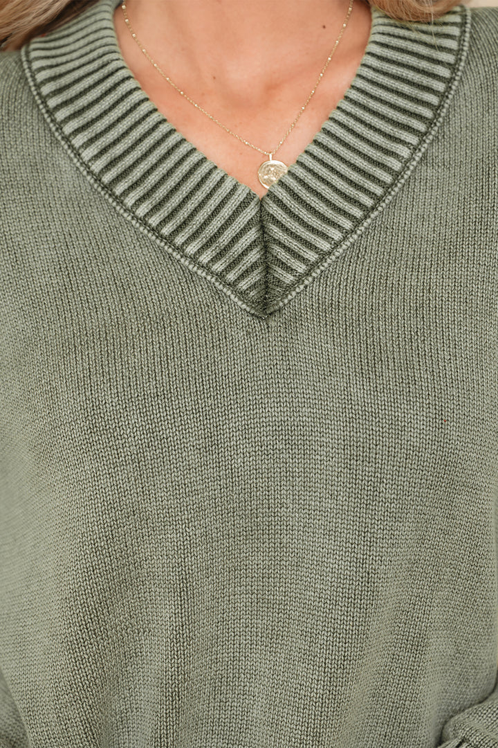 Four Leaf Clover Mineral Wash V Neck Knit Exposed Seam Drop Shoulder Loose Sweater